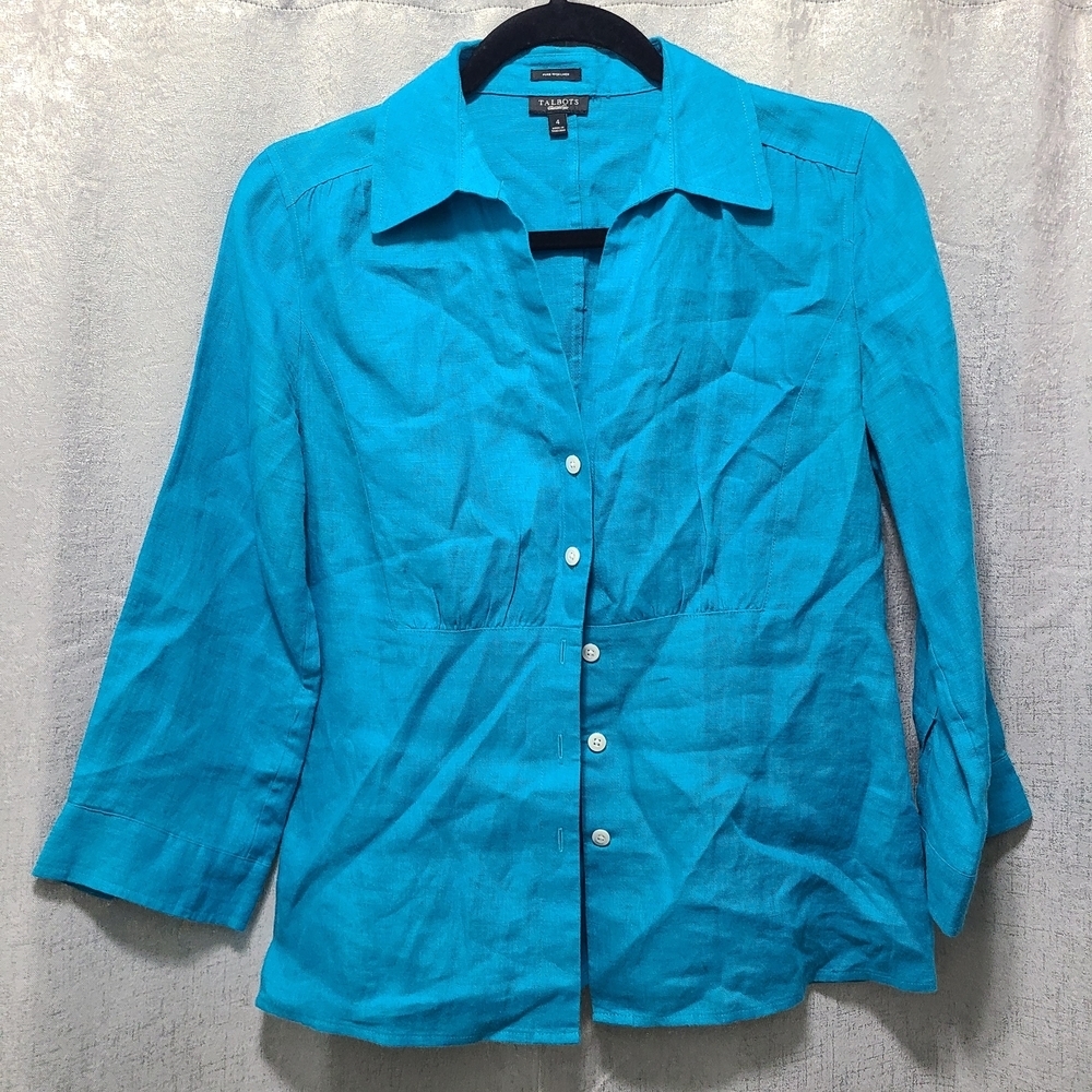 Talbots Pure Irish Linen Turquoise Button Down Shirt Sz 4 Flaw